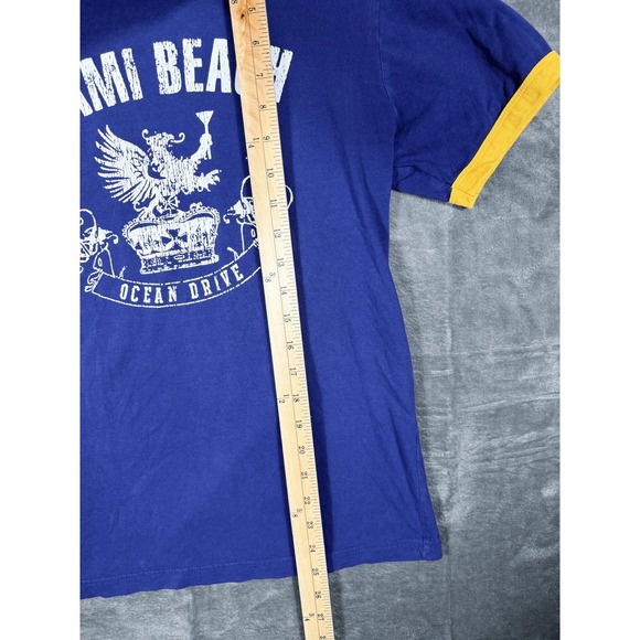 Miami‎ Beach Florida Graphic T-Shirt Womens S Blue Yellow Ocean Drive Ringer Tee - Picture 2 of 5
